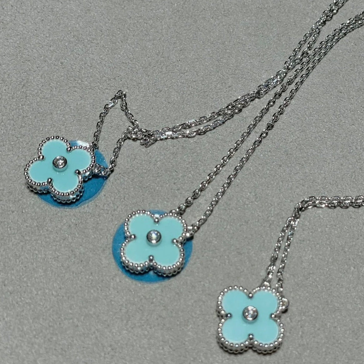 [Resenly Jewelry]CLOVER 1 DIAMOND LIGHT BLUE SILVER NECKLACE