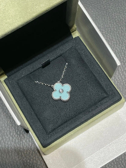 [Resenly Jewelry]CLOVER 1 DIAMOND LIGHT BLUE SILVER NECKLACE