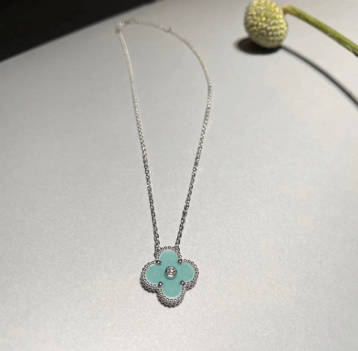 [Resenly Jewelry]CLOVER 1 DIAMOND LIGHT BLUE SILVER NECKLACE