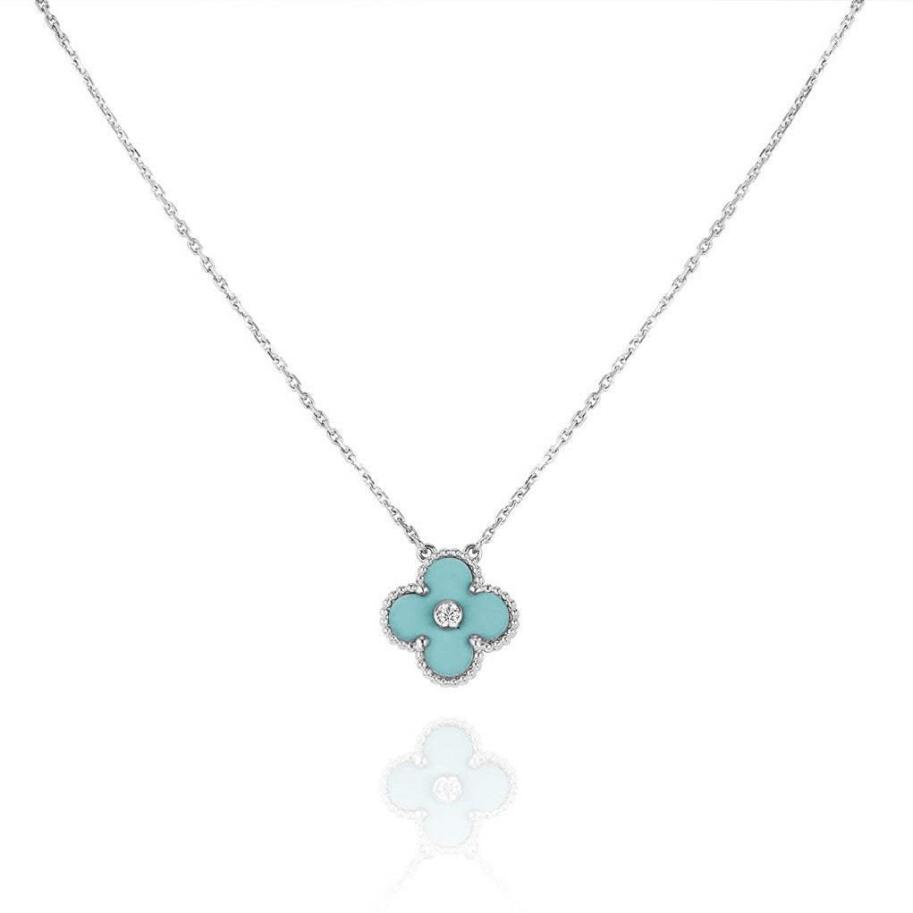 [Resenly Jewelry]CLOVER 1 DIAMOND LIGHT BLUE SILVER NECKLACE