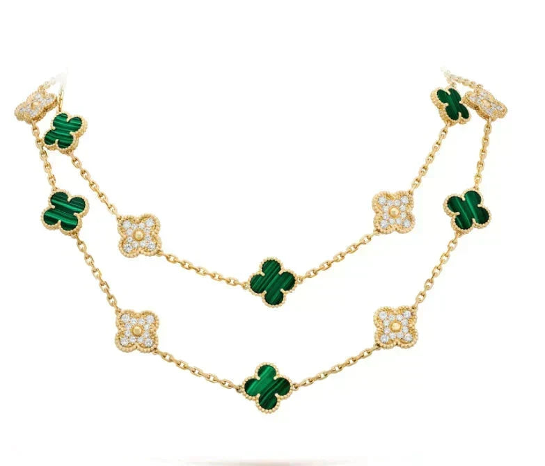 [Resenly Jewelry]CLOVER 20 MOTIFS MALACHITE DIAMOND NECKLACE