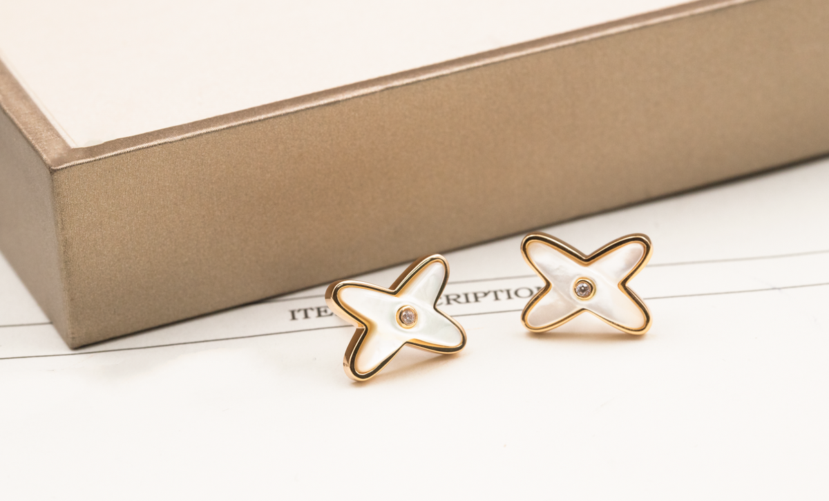 [Resenly Jewelry]JEUX DE WHITE MOP ROSE GOLD DIAMOND EARRINGS