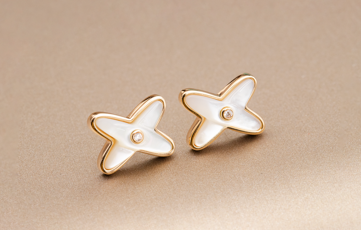 [Resenly Jewelry]JEUX DE WHITE MOP ROSE GOLD DIAMOND EARRINGS