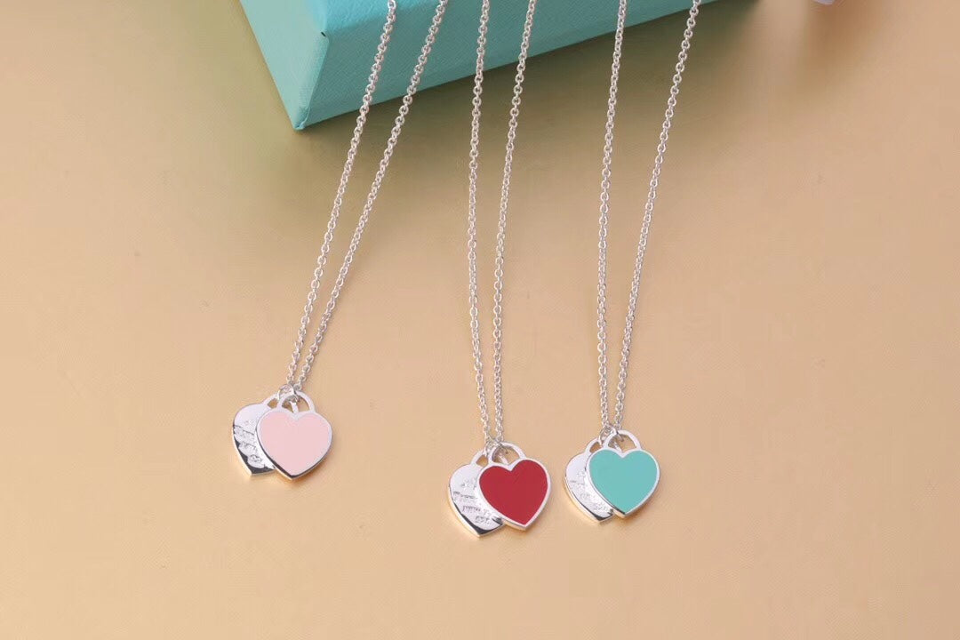 [Resenly Jewelry]DOUBLE HEART TAG PENDANT SILVER MINI NECKLACE