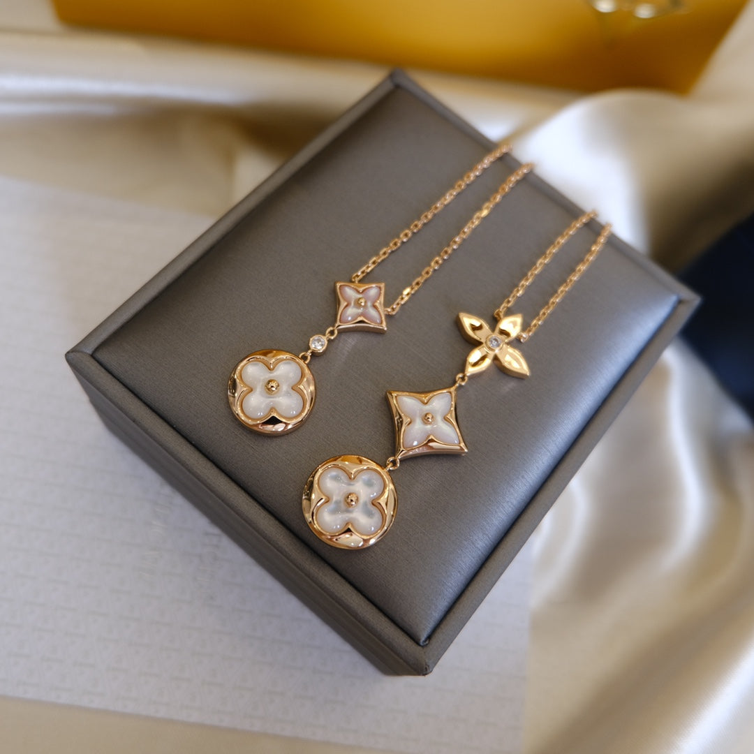 [Resenly Jewelry]COLOR BLOSSOM LARIAT NECKLACE PINK GOLD WHITE MOTHER PEARL AND DIAMOND