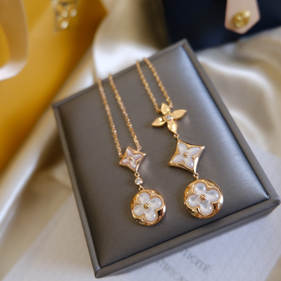 [Resenly Jewelry]COLOR BLOSSOM LARIAT NECKLACE PINK GOLD WHITE MOTHER PEARL AND DIAMOND