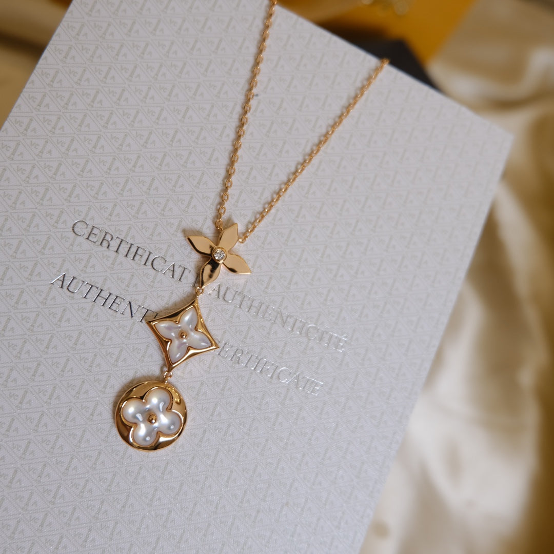 [Resenly Jewelry]COLOR BLOSSOM LARIAT NECKLACE PINK GOLD WHITE MOTHER PEARL AND DIAMOND