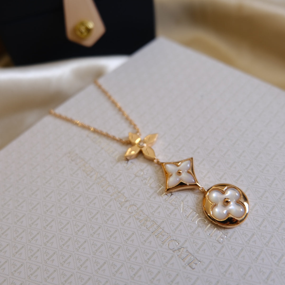 [Resenly Jewelry]COLOR BLOSSOM LARIAT NECKLACE PINK GOLD WHITE MOTHER PEARL AND DIAMOND