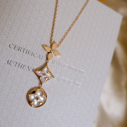 [Resenly Jewelry]COLOR BLOSSOM LARIAT NECKLACE PINK GOLD WHITE MOTHER PEARL AND DIAMOND