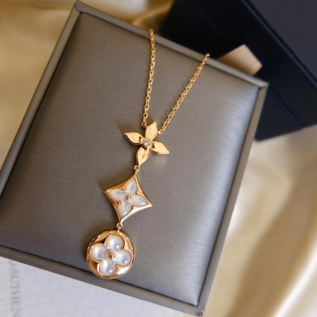 [Resenly Jewelry]COLOR BLOSSOM LARIAT NECKLACE PINK GOLD WHITE MOTHER PEARL AND DIAMOND