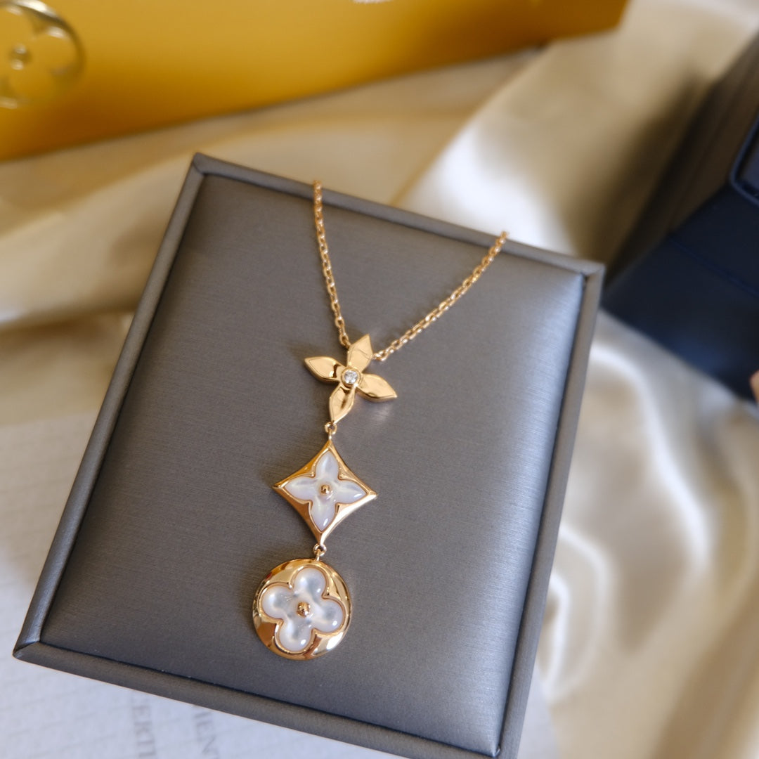 [Resenly Jewelry]COLOR BLOSSOM LARIAT NECKLACE PINK GOLD WHITE MOTHER PEARL AND DIAMOND