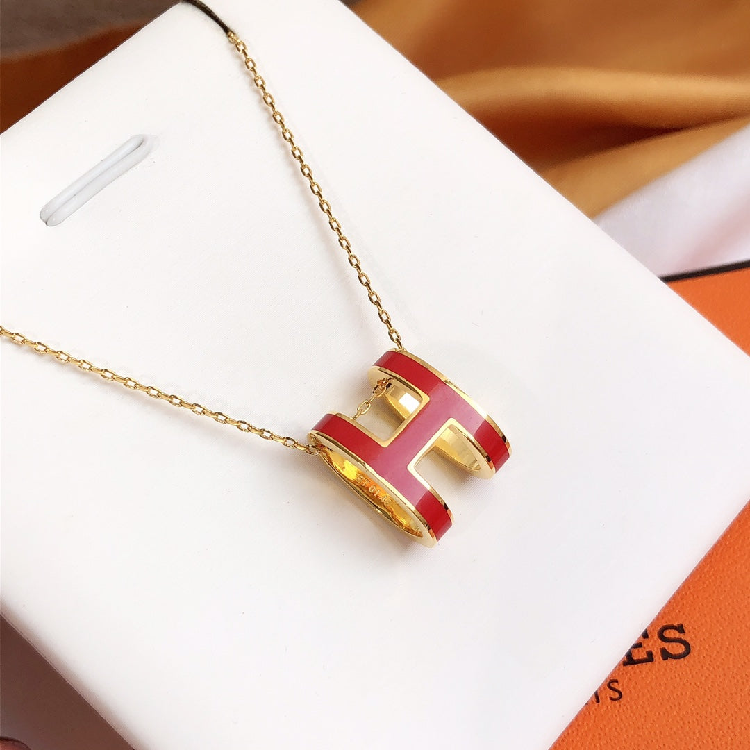 [Resenly Jewelry]HM CLIC RED ENAMEL GOLD NECKLACE