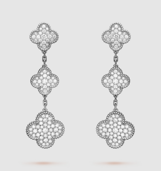 [Resenly Jewelry]CLOVER 3 MOTIF DIAMOND SILVER DROP EARRINGS