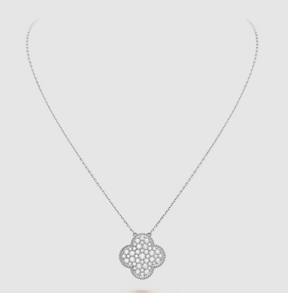 [Resenly Jewelry]CLOVER 25MM LARGE PENDANT DIAMOND PAVED SILVER NECKLACE