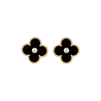 [Resenly Jewelry]CLOVER MEDIUM 1 MOTIFS ONYX DIAMOND EARRINGS