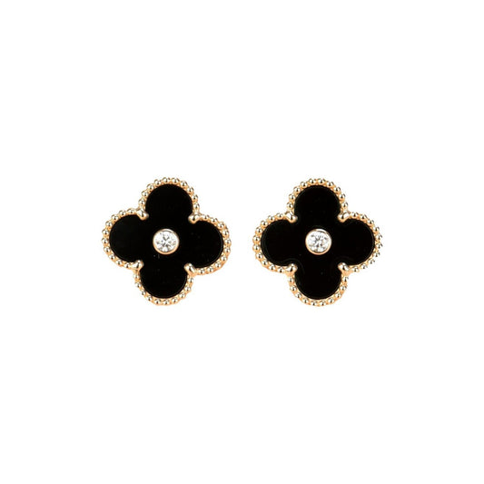 [Resenly Jewelry]CLOVER MEDIUM 1 MOTIFS ONYX DIAMOND EARRINGS