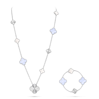 [Resenly Jewelry]DETACHABLE CLOVER 15(11+4) FLOWER SILVER NECKLACE SET
