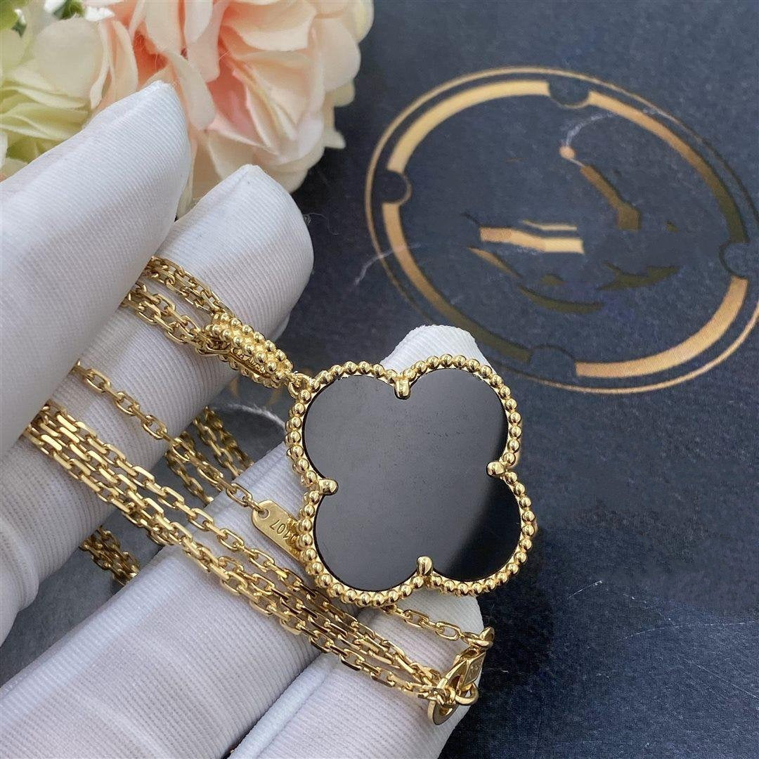 [Resenly Jewelry]CLOVER 25MM GOLD ONYX BIG CLOVER NECKLACE