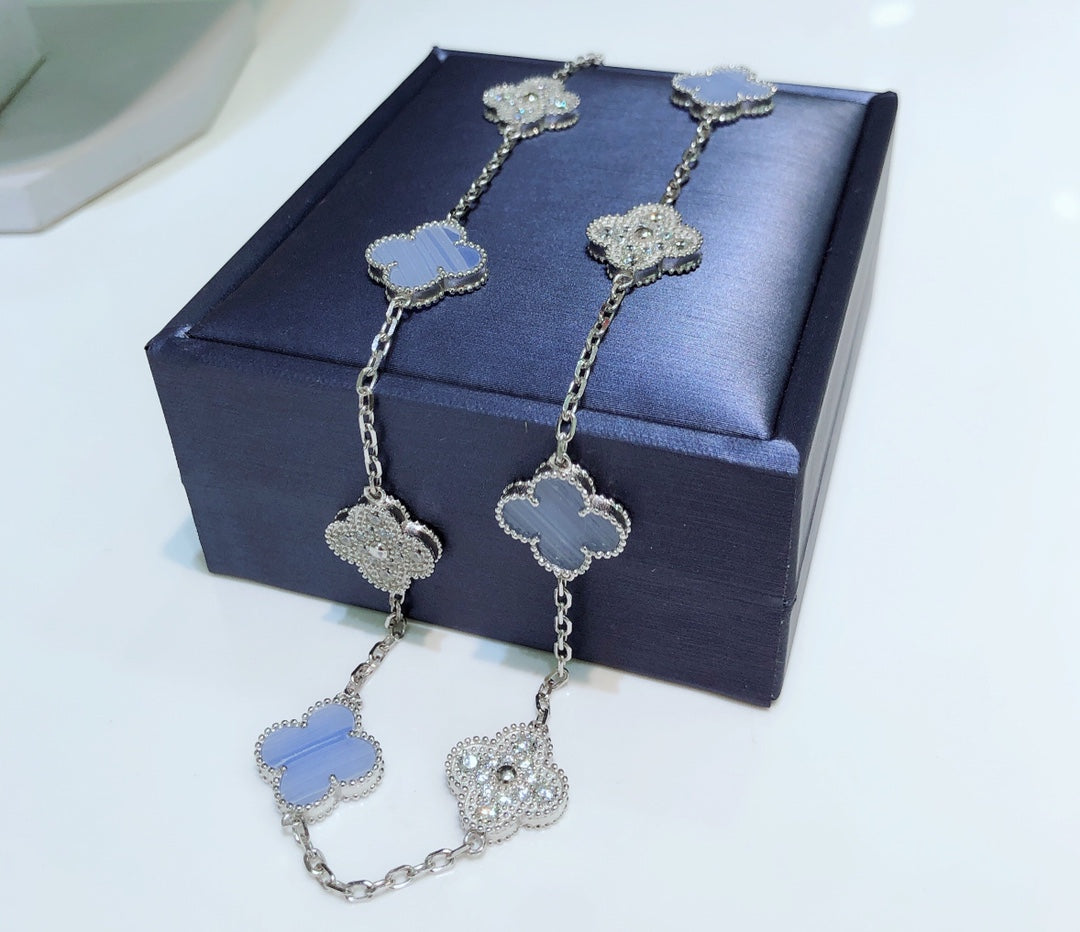 [Resenly Jewelry]CLOVER 10 MOTIFS CHALCEDONY DIAMONDS SILVER NECKLACE