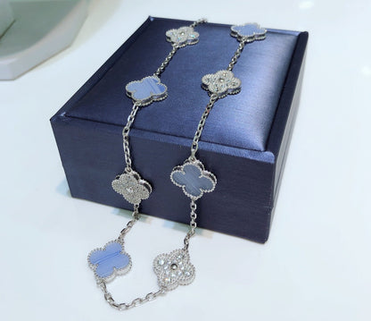 [Resenly Jewelry]CLOVER 10 MOTIFS CHALCEDONY DIAMONDS SILVER NECKLACE