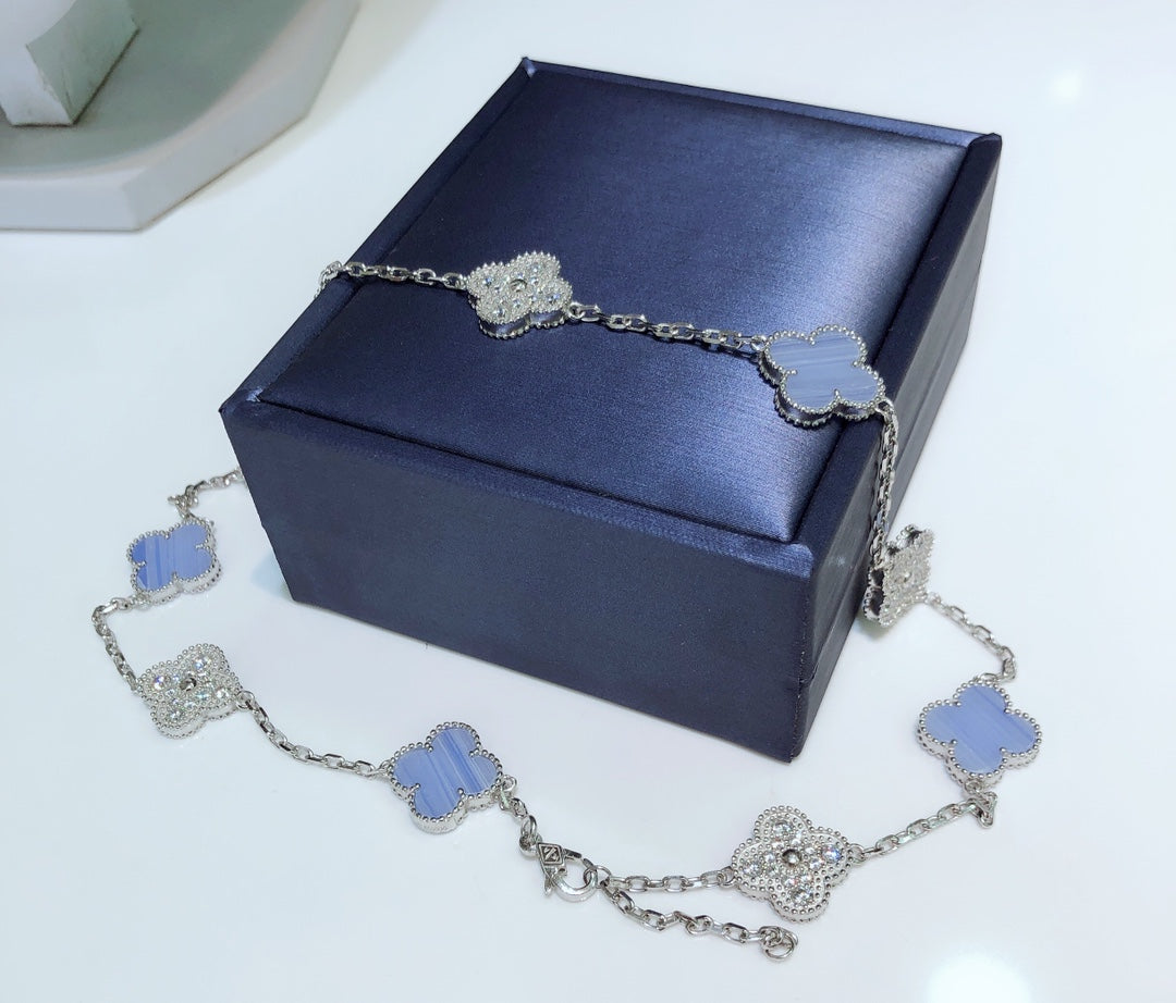 [Resenly Jewelry]CLOVER 10 MOTIFS CHALCEDONY DIAMONDS SILVER NECKLACE