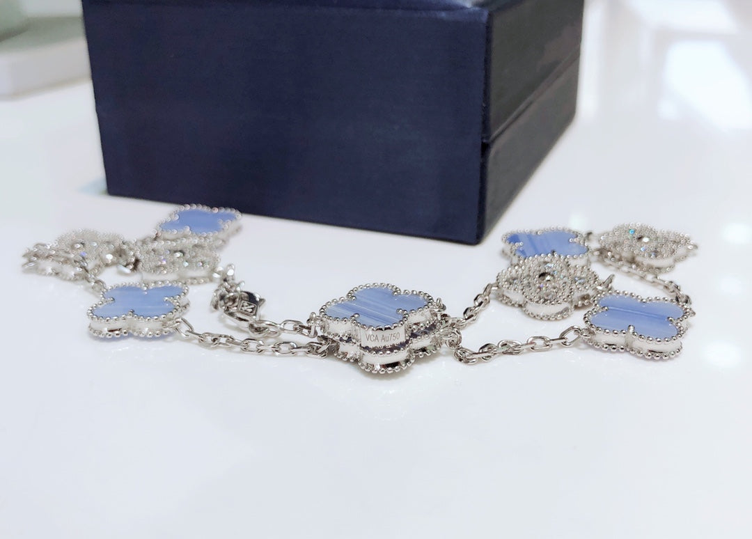[Resenly Jewelry]CLOVER 10 MOTIFS CHALCEDONY DIAMONDS SILVER NECKLACE