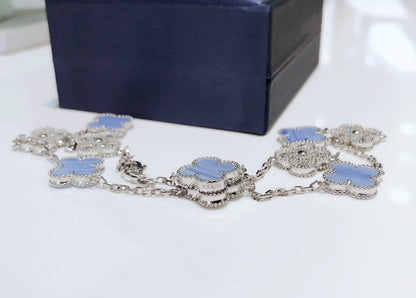 [Resenly Jewelry]CLOVER 10 MOTIFS CHALCEDONY DIAMONDS SILVER NECKLACE
