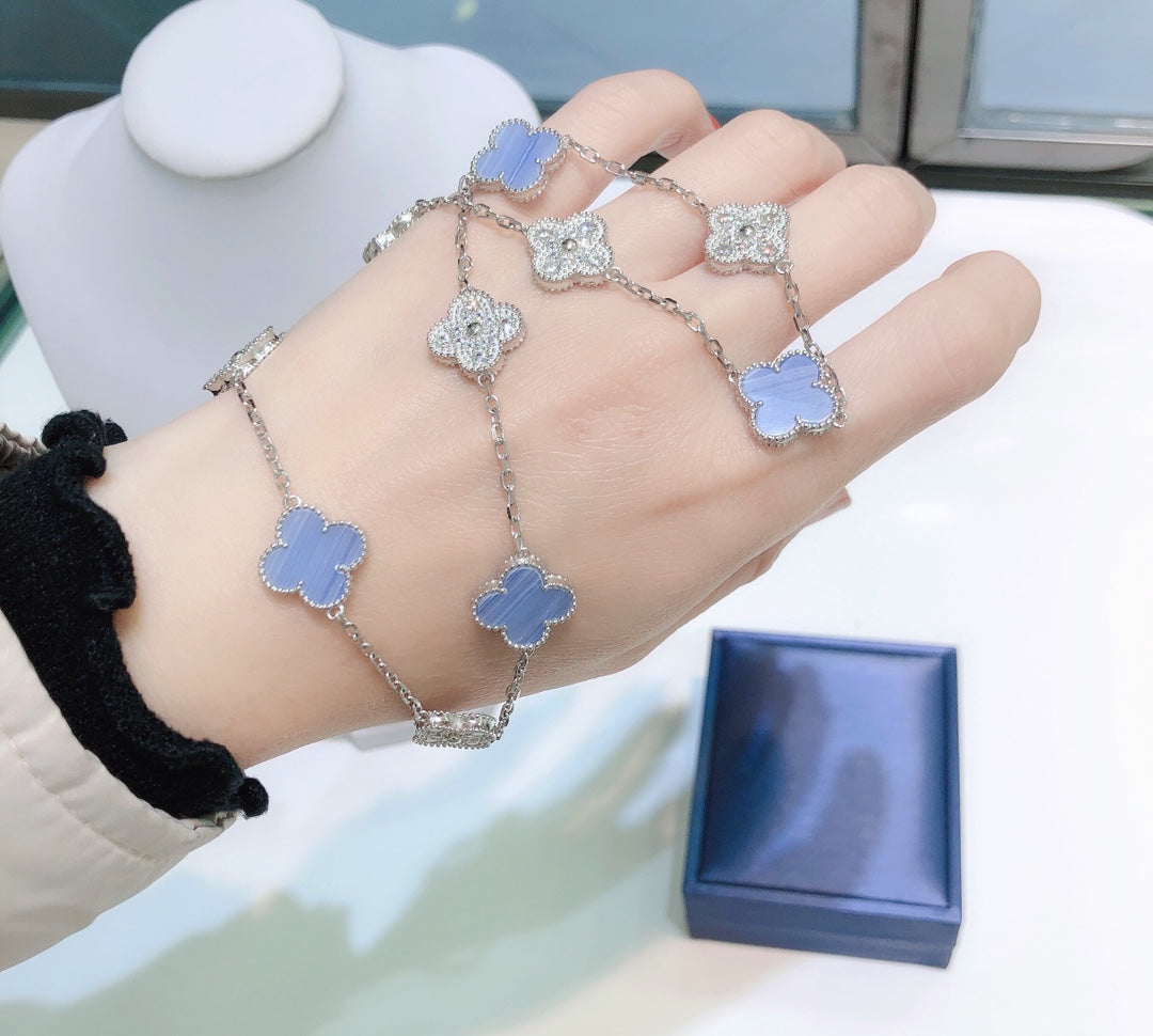 [Resenly Jewelry]CLOVER 10 MOTIFS CHALCEDONY DIAMONDS SILVER NECKLACE