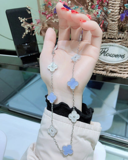 [Resenly Jewelry]CLOVER 10 MOTIFS CHALCEDONY DIAMONDS SILVER NECKLACE