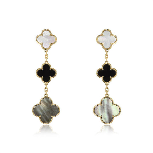 [Resenly Jewelry]CLOVER EARRINGS GOLD ONYX MOP 3 MOTIF