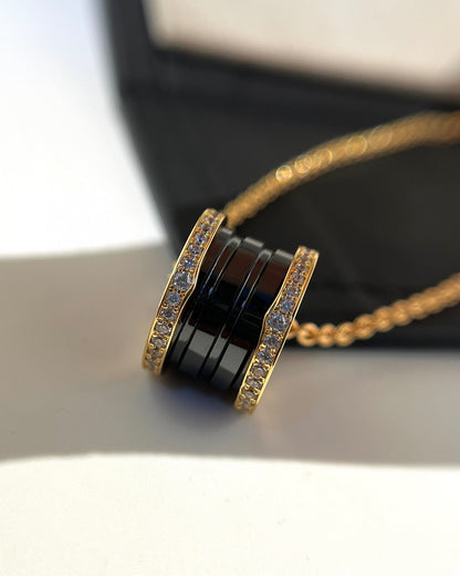 [Resenly Jewelry]ZERO 1 BLACK CERAMIC DIAMOND PINK GOLD NECKLACE